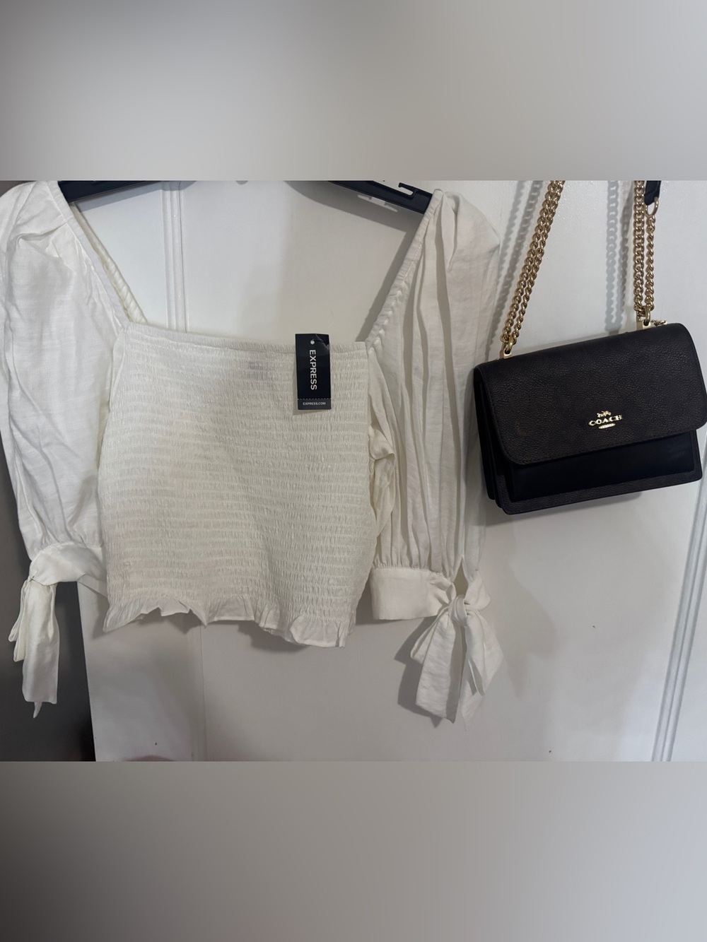 Express White Smocked Crop Top with Puff Sleeves